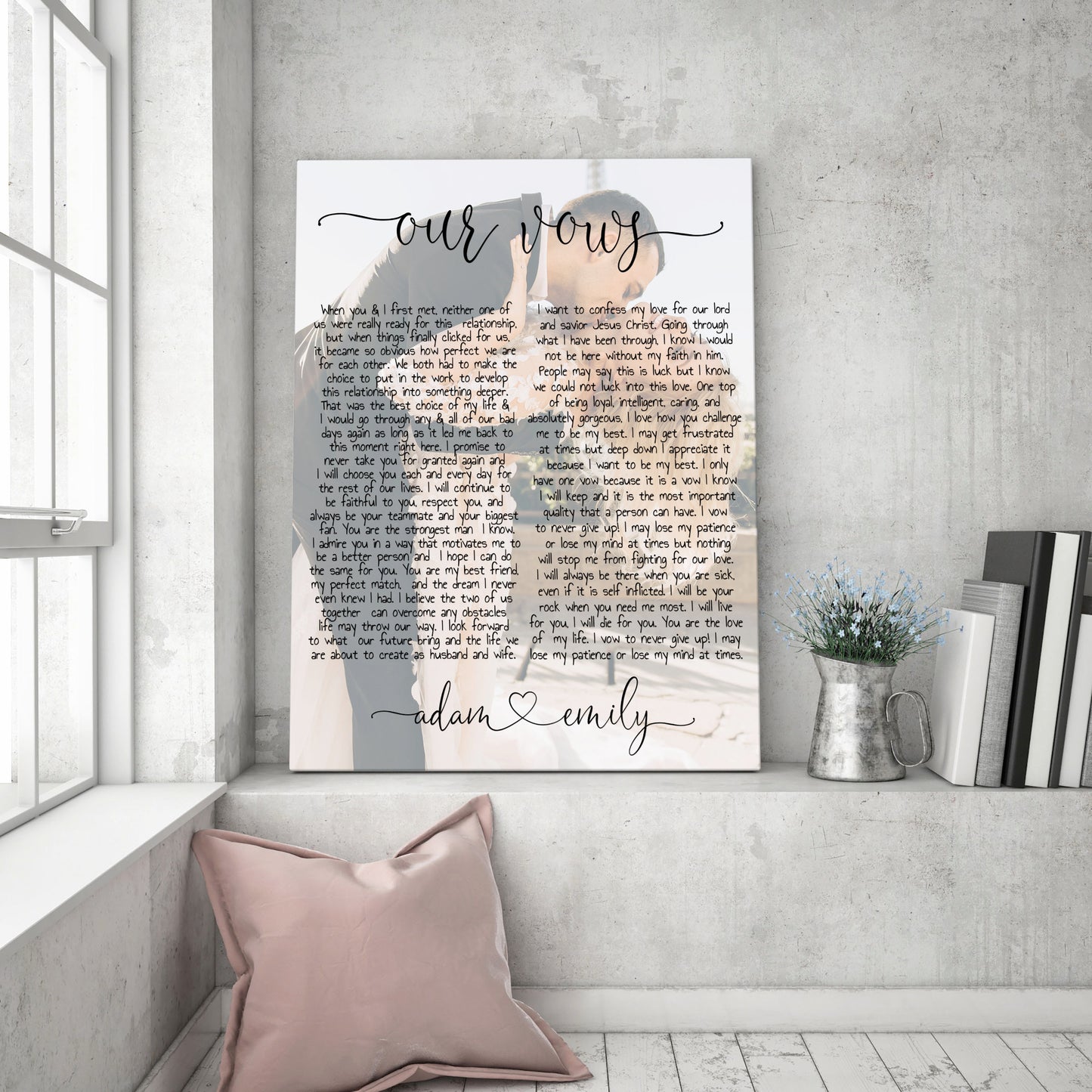 Couple vows and custom photo on canvas