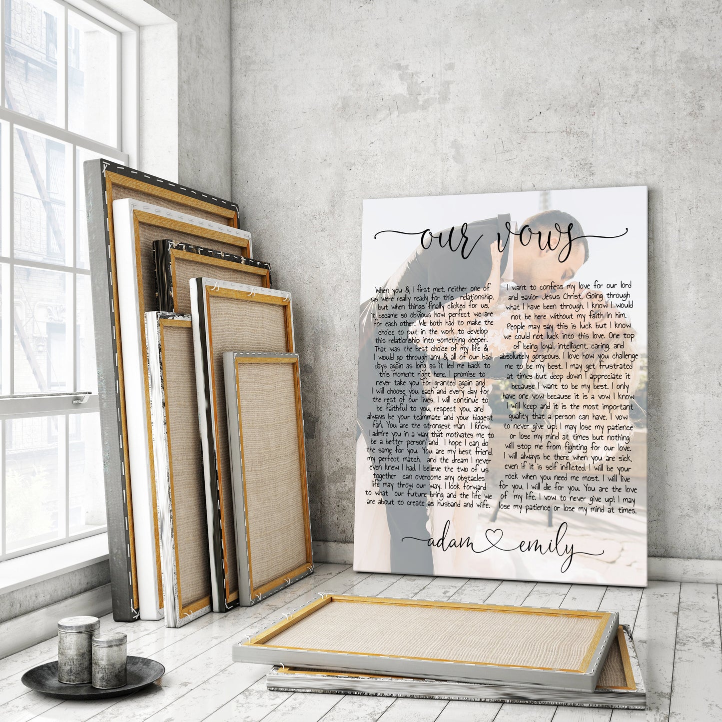 Couple vows and custom photo on canvas
